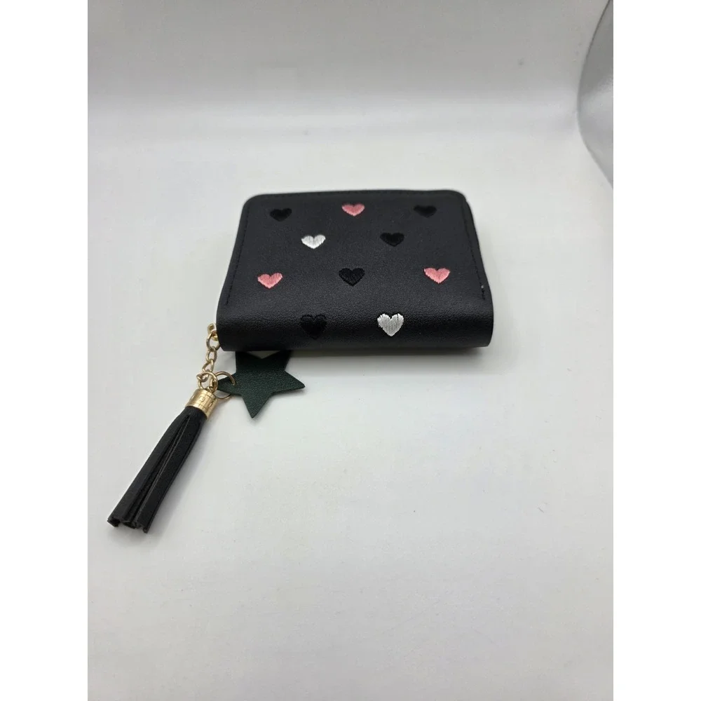Black Faux Leather Wallet with Embroidered Hearts and Star Tassel Zipper Closure